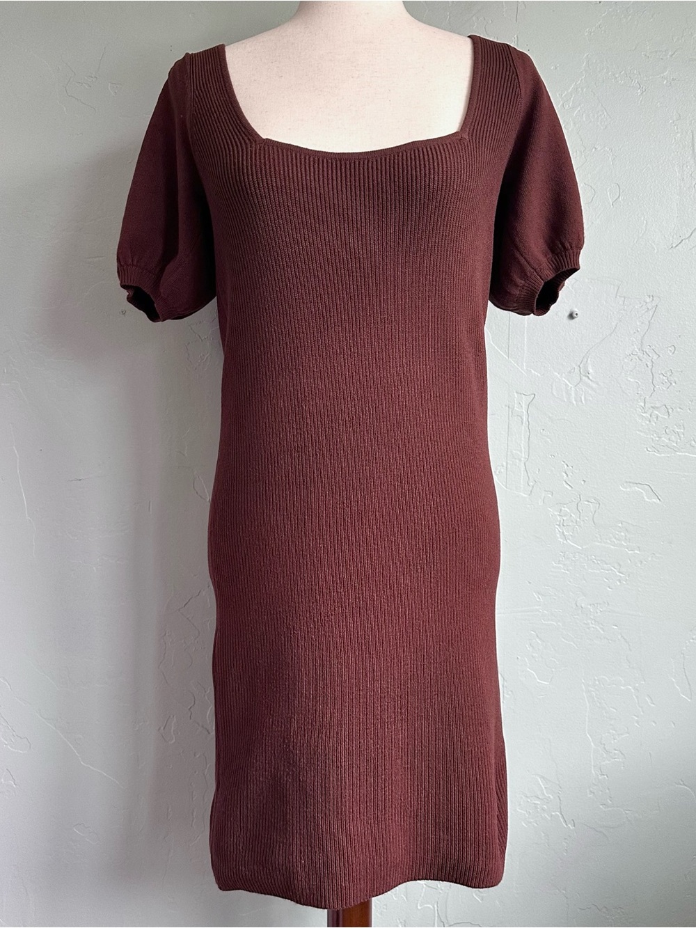 French Connection Brown Puff Sleeve Knit Sweater Dress Small Quiet Luxury Fall - Picture 2 of 6